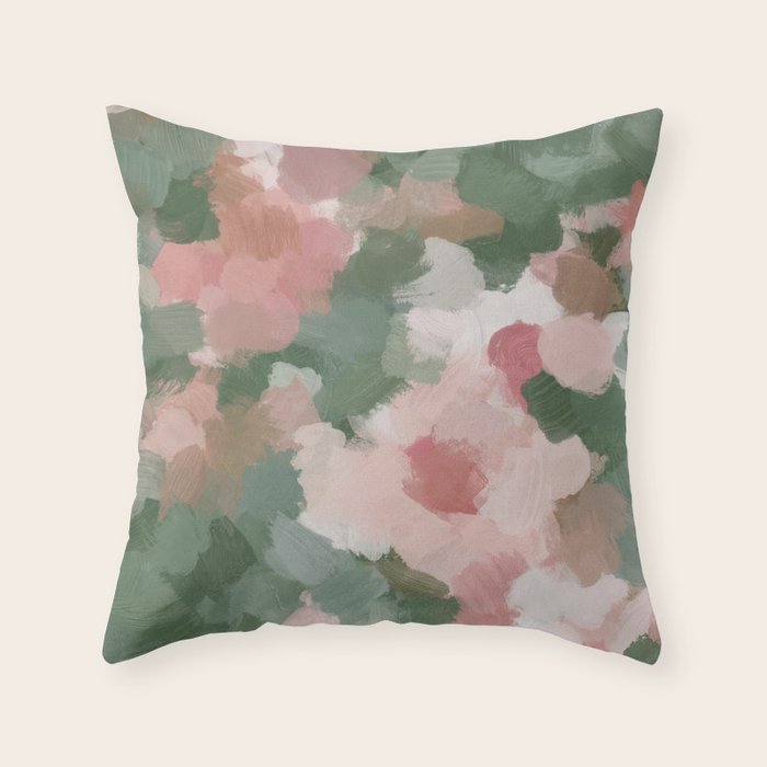 Rosy Radiance - Light Pink Rose Flower Forest Sage Green Leaf Garden Abstract Nature Painting Art Throw Pillow Gallery Image 6