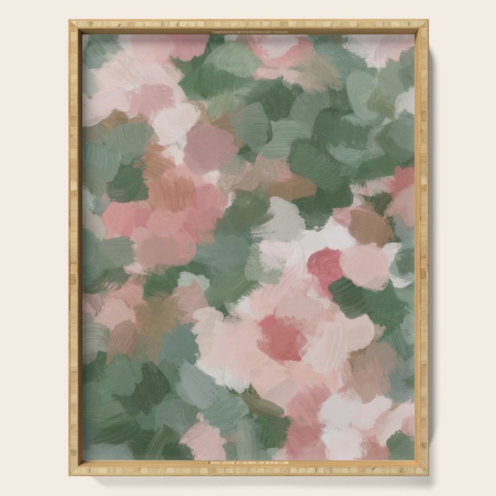 Rosy Radiance - Light Pink Rose Flower Forest Sage Green Leaf Garden Abstract Nature Painting Art Serving Tray Gallery Image 1