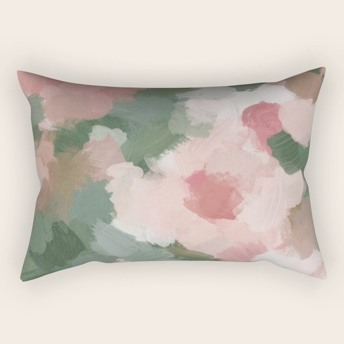 Rosy Radiance - Light Pink Rose Flower Forest Sage Green Leaf Garden Abstract Nature Painting Art Rectangular Pillow Gallery Image 1