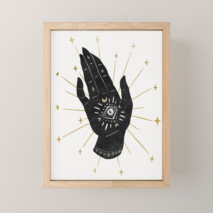 Mystic Hand with Eye - Black and Gold Ink Mini Art Print Gallery Image 1