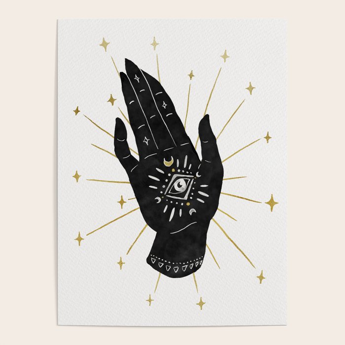 Mystic Hand with Eye - Black and Gold Ink Poster Gallery Image 4