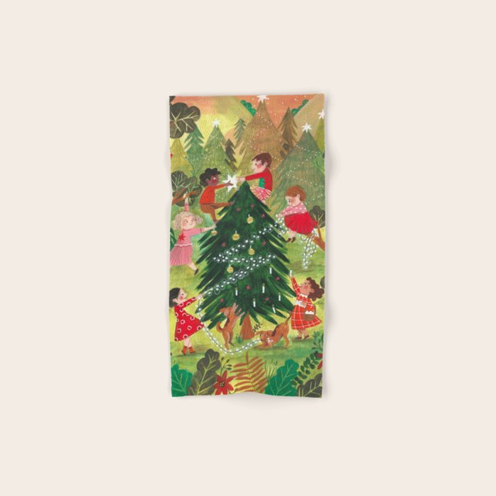 Decorating Christmas tree and children  Bath Towel Gallery Image 1