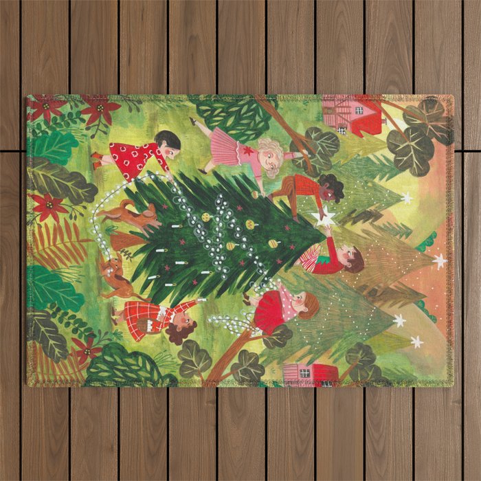 Decorating Christmas tree and children  Outdoor Rug Gallery Image 1