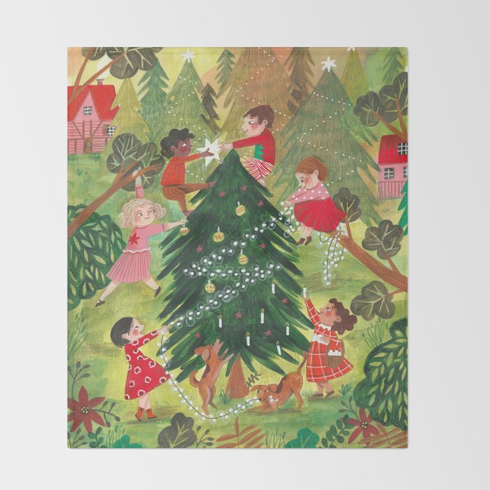 Decorating Christmas tree and children  Throw Blanket Gallery Image 2