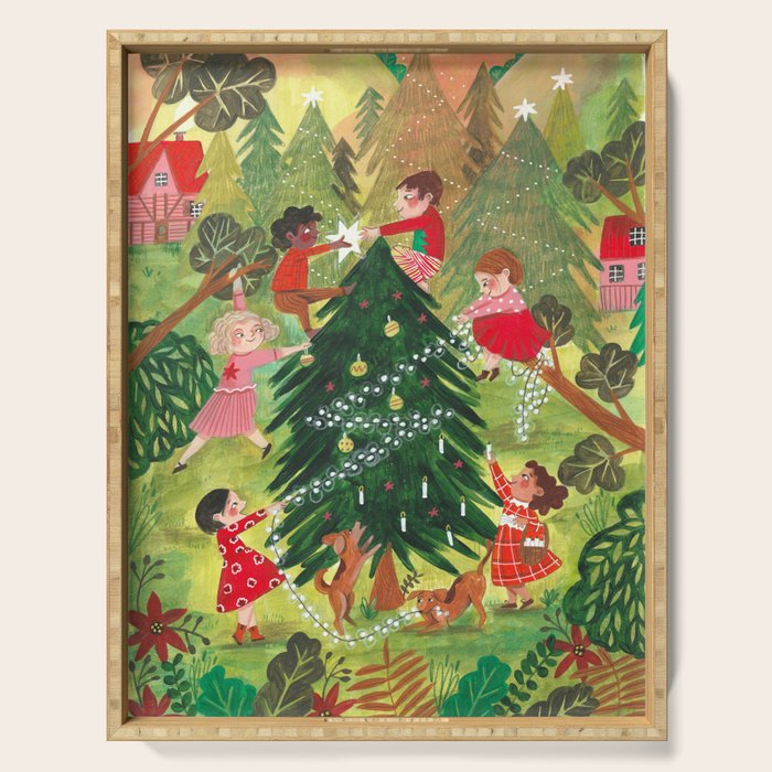 Decorating Christmas tree and children  Serving Tray Gallery Image 1