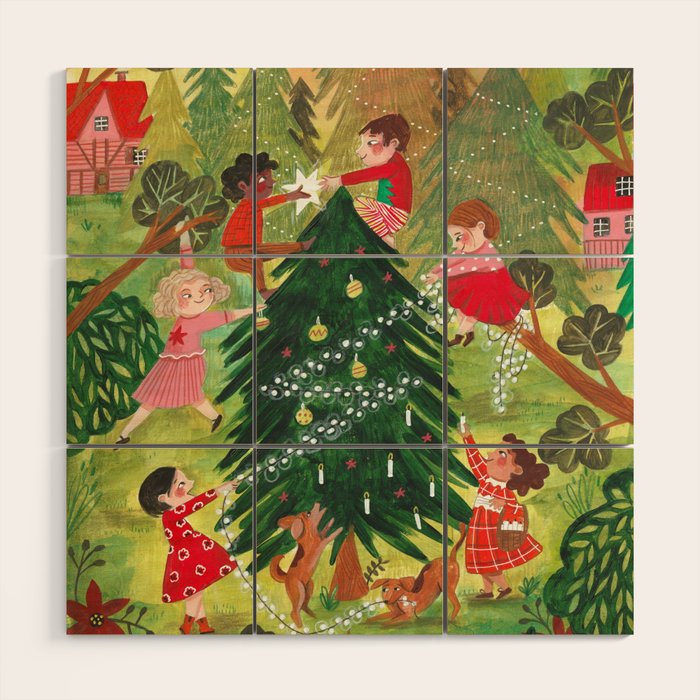 Decorating Christmas tree and children  Wood Wall Art Gallery Image 1