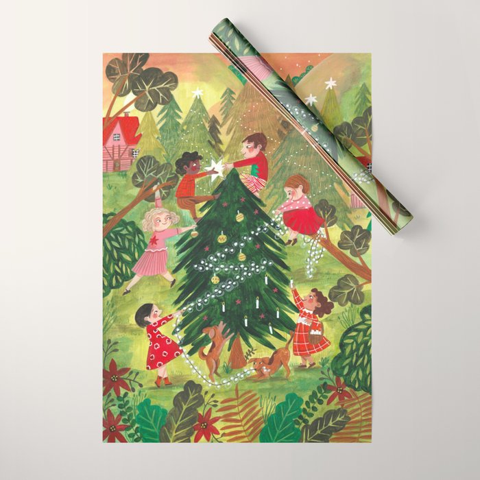 Decorating Christmas tree and children  Wrapping Paper Gallery Image 1