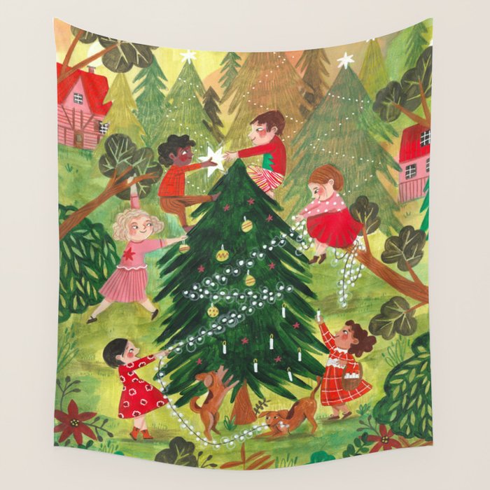 Decorating Christmas tree and children  Wall Tapestry Gallery Image 4