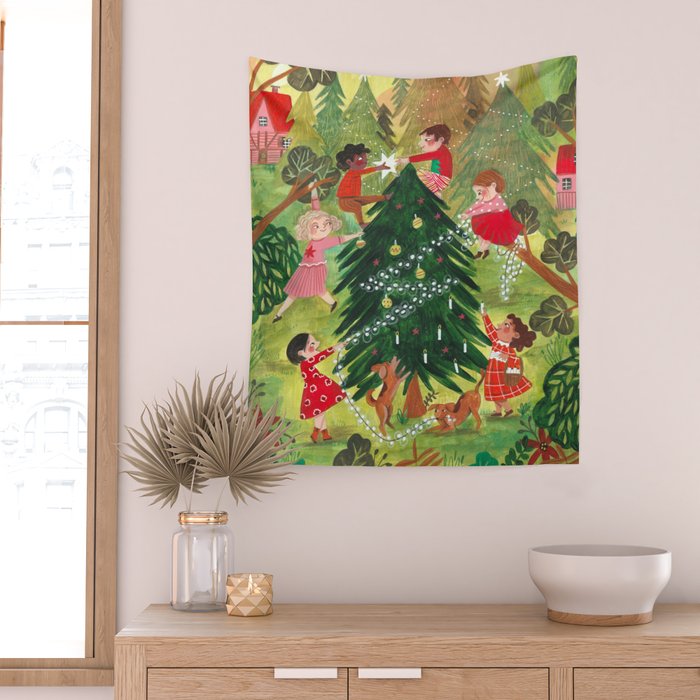 Decorating Christmas tree and children  Wall Tapestry Gallery Image 2