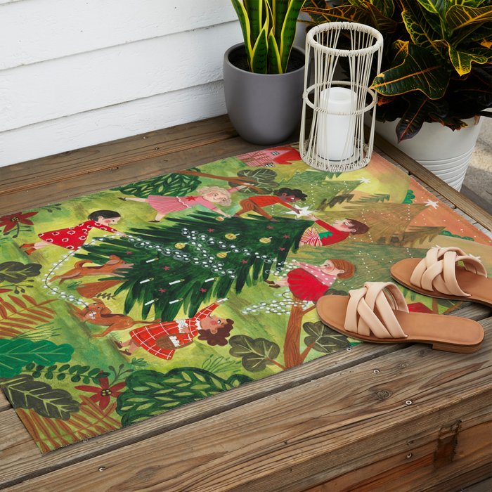 Decorating Christmas tree and children  Outdoor Rug Gallery Image 2