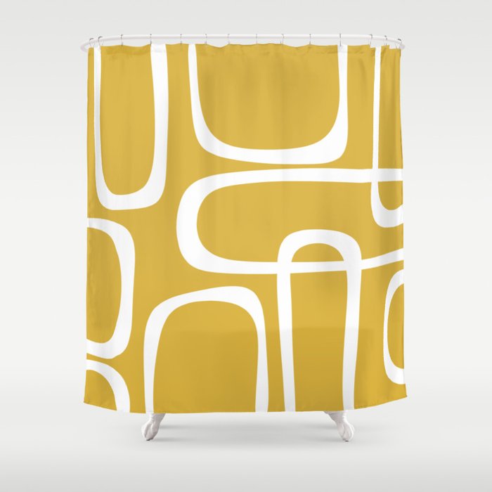 Midcentury Modern Loops Pattern in White and Light Mustard Shower Curtain Gallery Image 1