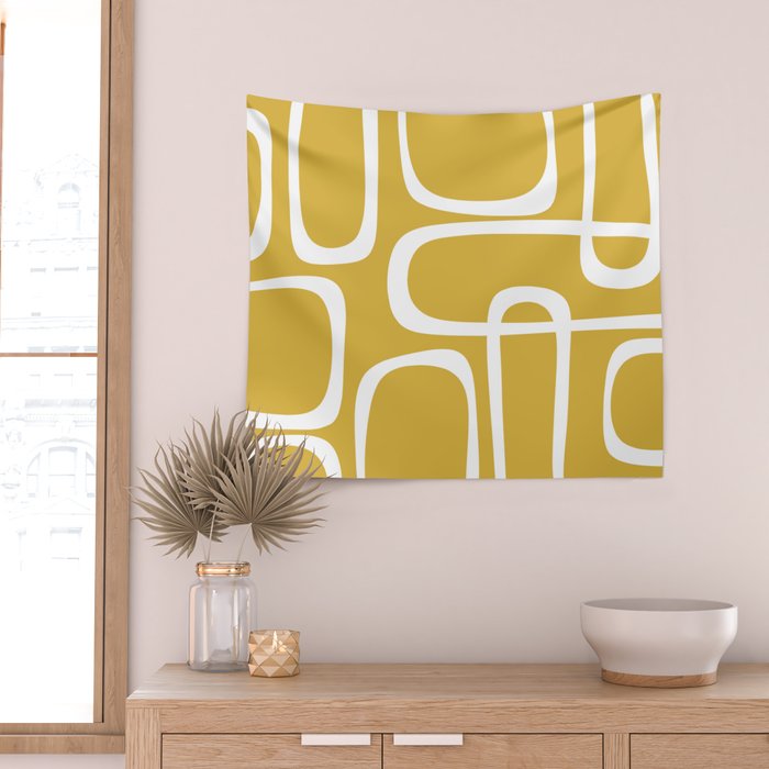 Midcentury Modern Loops Pattern in White and Light Mustard Wall Tapestry Gallery Image 2