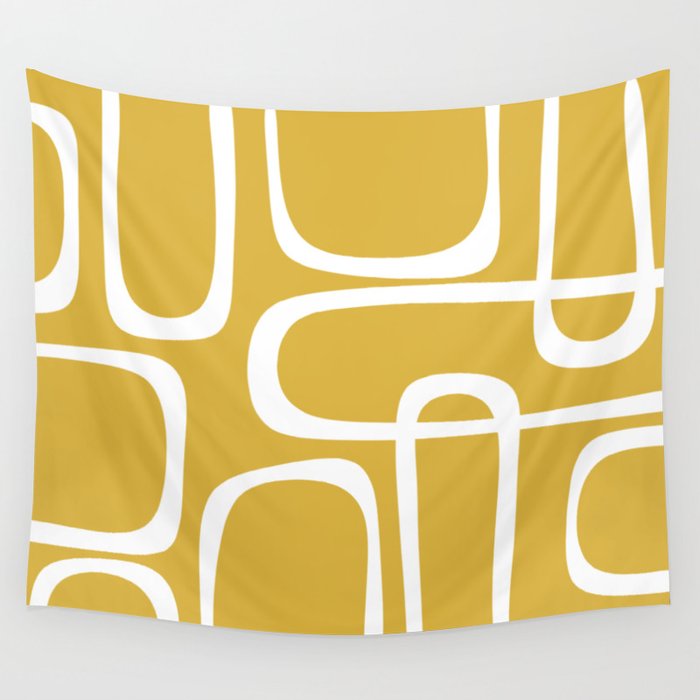 Midcentury Modern Loops Pattern in White and Light Mustard Wall Tapestry Gallery Image 1