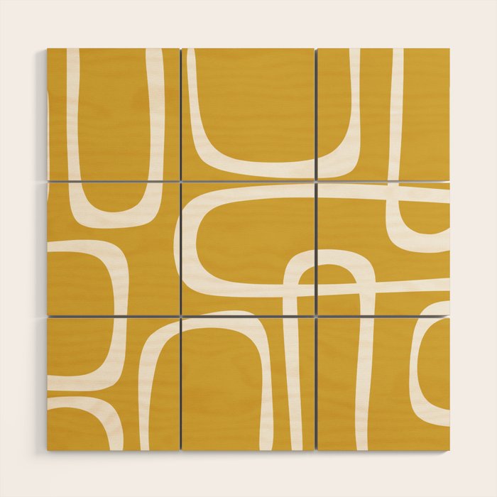 Midcentury Modern Loops Pattern in White and Light Mustard Wood Wall Art Gallery Image 1