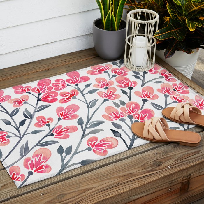 Cherry Blossoms - Pink & Black Palette Outdoor Rug Gallery Image 2