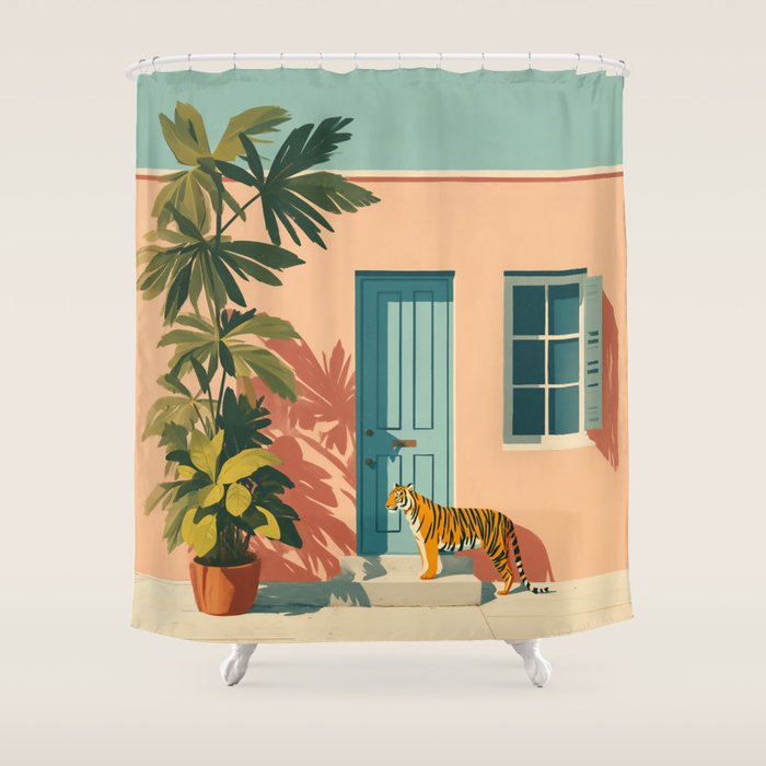 Tiger at Tropical Doorway Shower Curtain Gallery Image 1