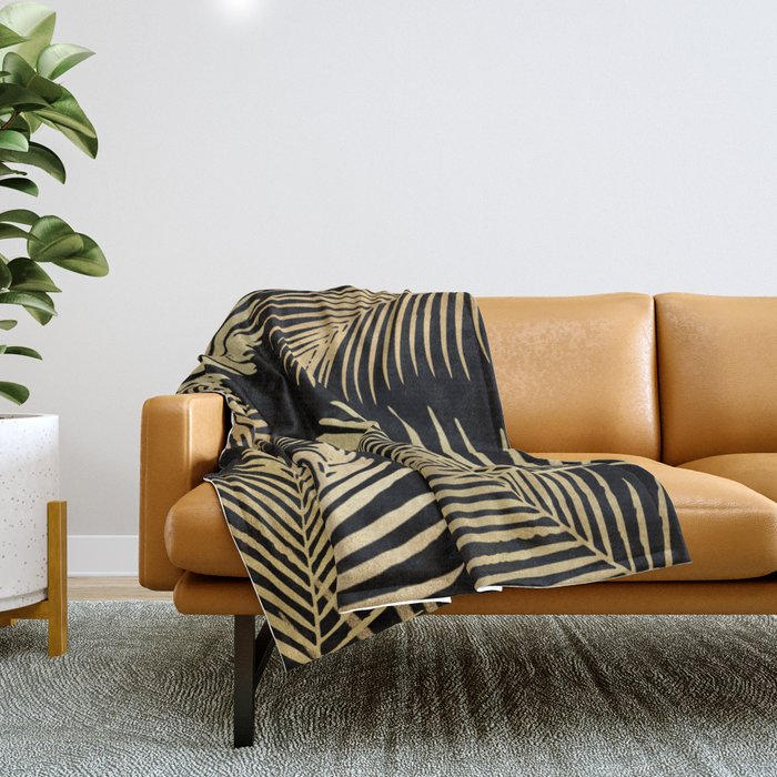 Gold Palm Leaves on Black Throw Blanket Gallery Image 1