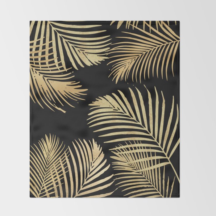 Gold Palm Leaves on Black Throw Blanket Gallery Image 2