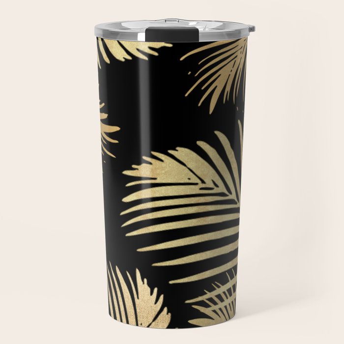 Gold Palm Leaves on Black Travel Mug Gallery Image 1