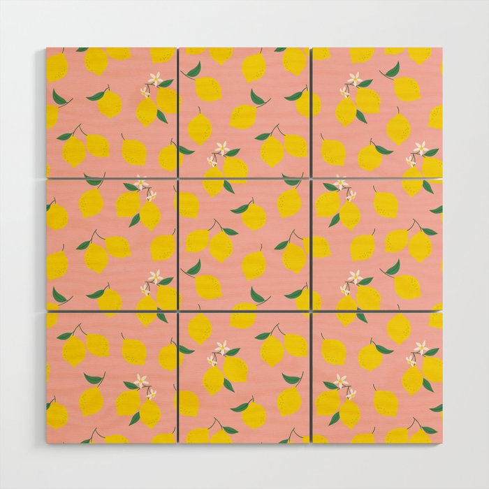 Vintage lemon fruit branch cartoon pattern Wood Wall Art Gallery Image 1
