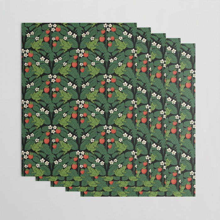 Bullfrogs And Wild Strawberries On Black Wrapping Paper Gallery Image 3