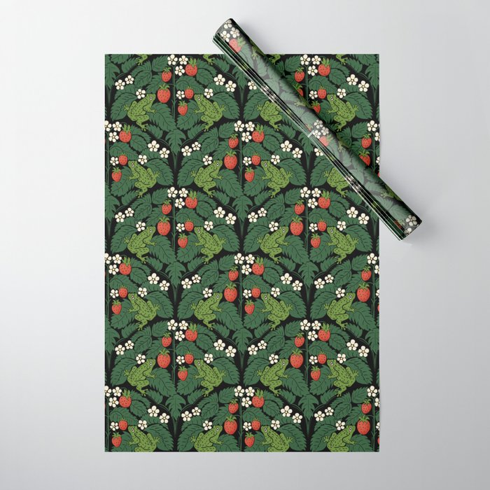 Bullfrogs And Wild Strawberries On Black Wrapping Paper Gallery Image 1
