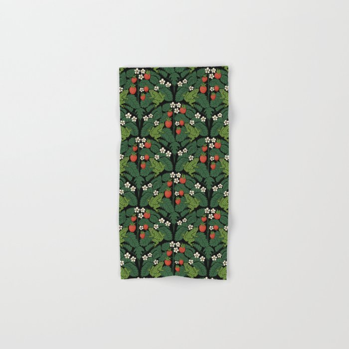 Bullfrogs And Wild Strawberries On Black Bath Towel Gallery Image 1