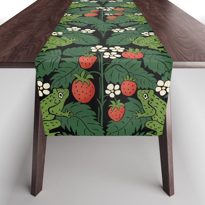 Bullfrogs And Wild Strawberries On Black Table Runner Gallery Image 1