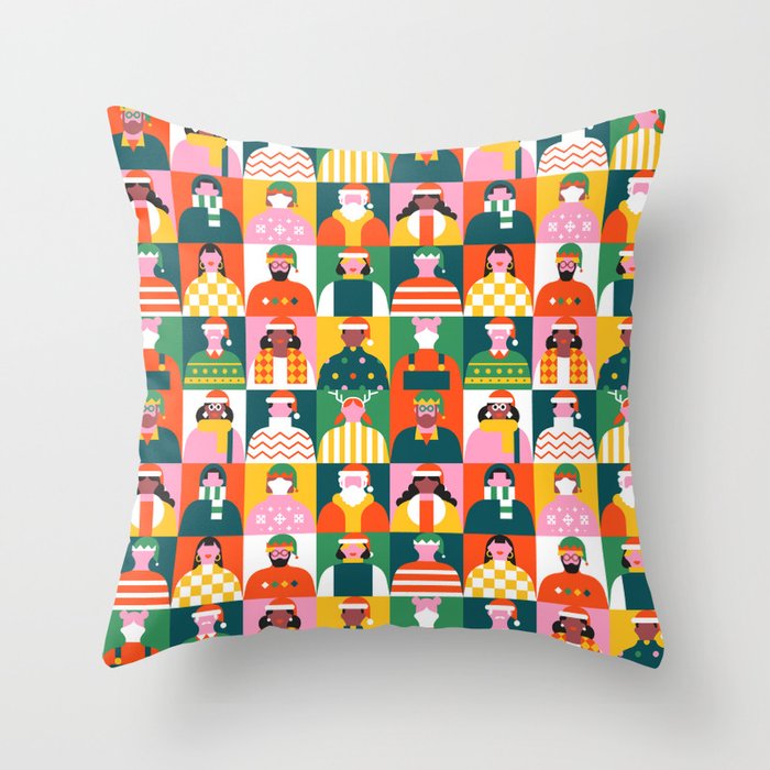 Diverse festive christmas people mosaic pattern Throw Pillow Gallery Image 6