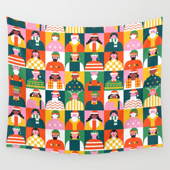 Diverse festive christmas people mosaic pattern Wall Tapestry Gallery Image 4