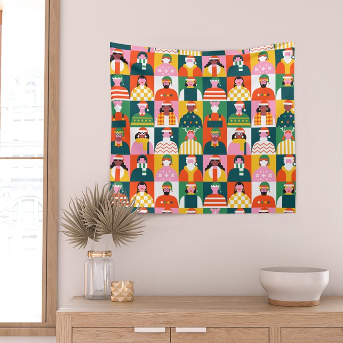 Diverse festive christmas people mosaic pattern Wall Tapestry Gallery Image 2