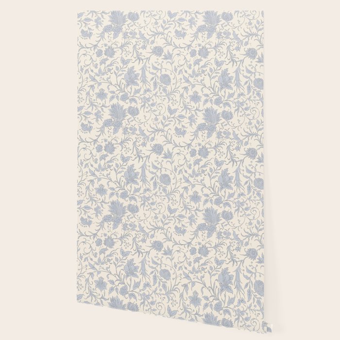 Hand Drawn Jacobean Floral - Blue Cream Wallpaper Gallery Image 2