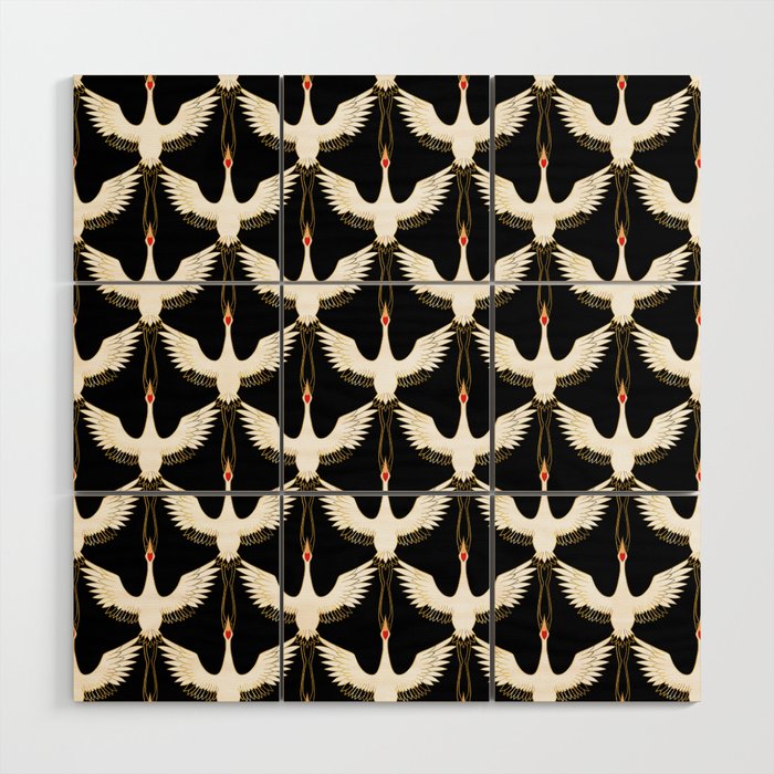 Japanese Crane Ornate Art Deco Pattern Wood Wall Art Gallery Image 1