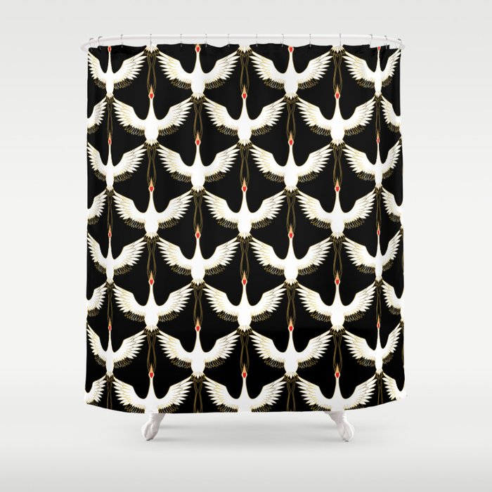 Japanese Crane Ornate Art Deco Pattern Shower Curtain Gallery Image 1