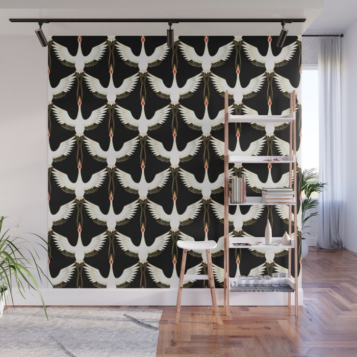 Japanese Crane Ornate Art Deco Pattern Wall Mural Gallery Image 1