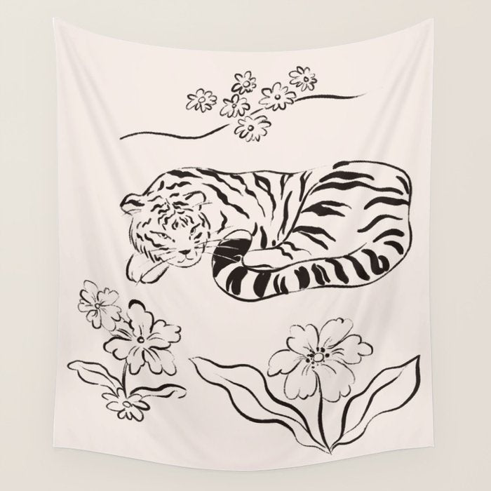 Tiger and Flower Line Art Wall Tapestry Gallery Image 1