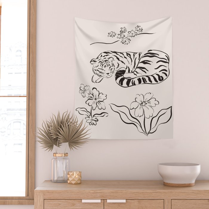Tiger and Flower Line Art Wall Tapestry Gallery Image 2