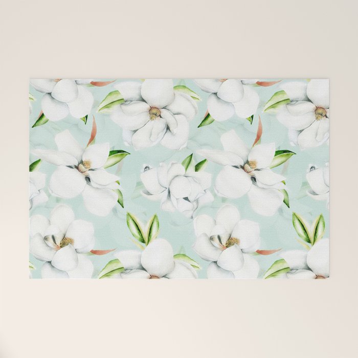 Hygge Magnolia Watercolor Pastel Flowers Welcome Mat Gallery Image 1