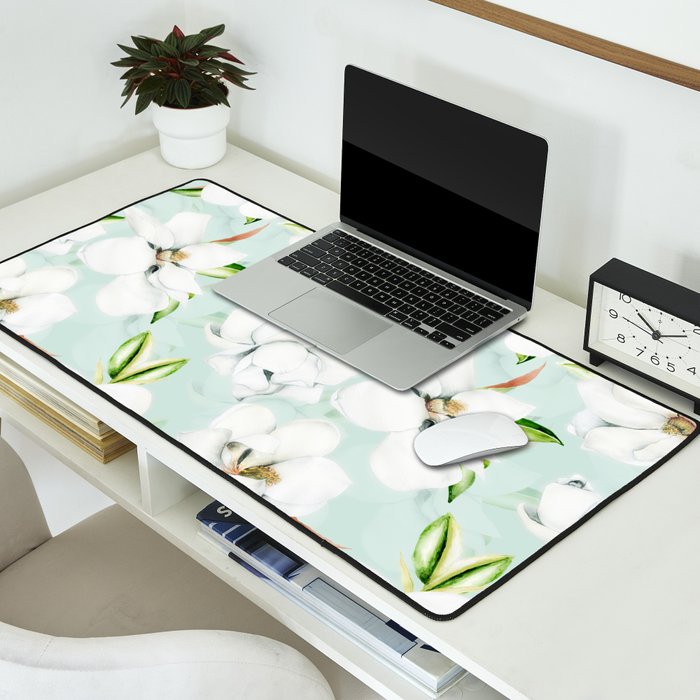 Hygge Magnolia Watercolor Pastel Flowers Desk Mat Gallery Image 2