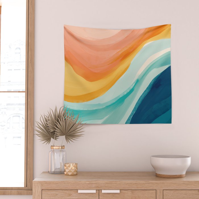 Pink, Yellow, Blue, Watercolor Abstract Sunrise Waves Wall Tapestry Gallery Image 2