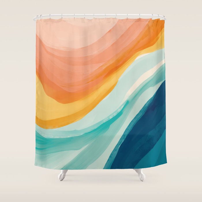 Pink, Yellow, Blue, Watercolor Abstract Sunrise Waves Shower Curtain Gallery Image 1