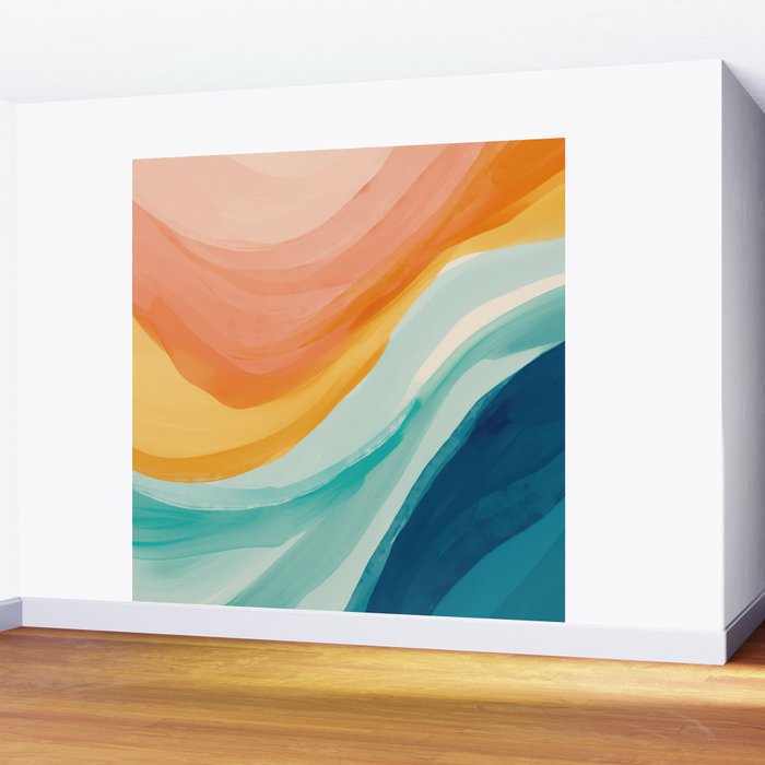 Pink, Yellow, Blue, Watercolor Abstract Sunrise Waves Wall Mural Gallery Image 2