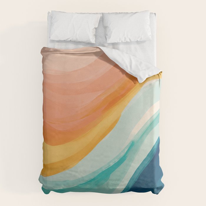 Pink, Yellow, Blue, Watercolor Abstract Sunrise Waves Duvet Cover Gallery Image 6