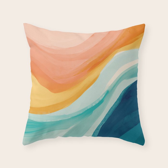 Pink, Yellow, Blue, Watercolor Abstract Sunrise Waves Throw Pillow Gallery Image 6