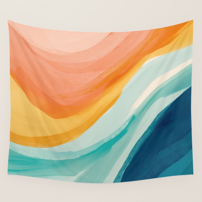 Pink, Yellow, Blue, Watercolor Abstract Sunrise Waves Wall Tapestry Gallery Image 1