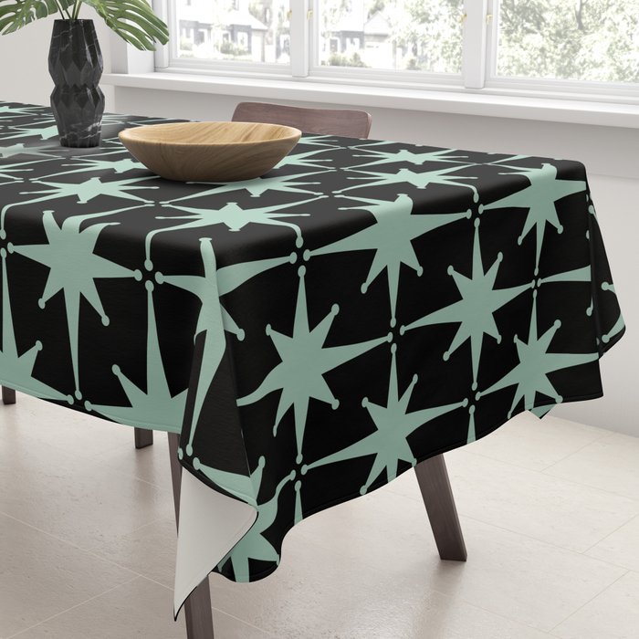 Atomic Age 1950s Retro Starburst Pattern in Mid-Century Modern Mint and Black Tablecloth Gallery Image 3
