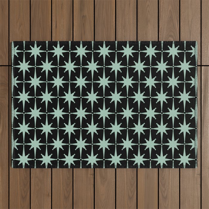 Atomic Age 1950s Retro Starburst Pattern in Mid-Century Modern Mint and Black Outdoor Rug Gallery Image 1