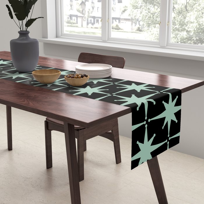 Atomic Age 1950s Retro Starburst Pattern in Mid-Century Modern Mint and Black Table Runner Gallery Image 2