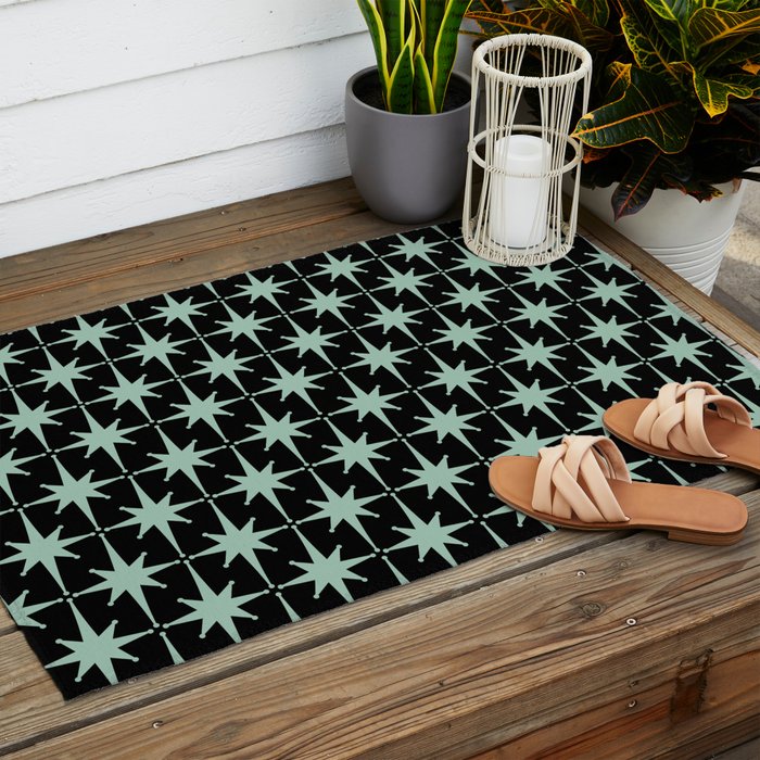 Atomic Age 1950s Retro Starburst Pattern in Mid-Century Modern Mint and Black Outdoor Rug Gallery Image 2