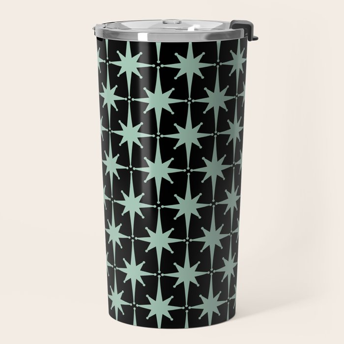 Atomic Age 1950s Retro Starburst Pattern in Mid-Century Modern Mint and Black Travel Mug Gallery Image 2